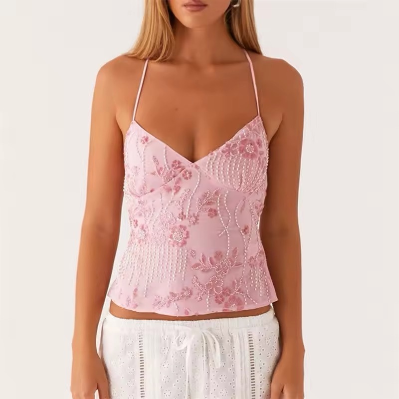 Spaghetti Strap V Neck Beaded Sequin Top