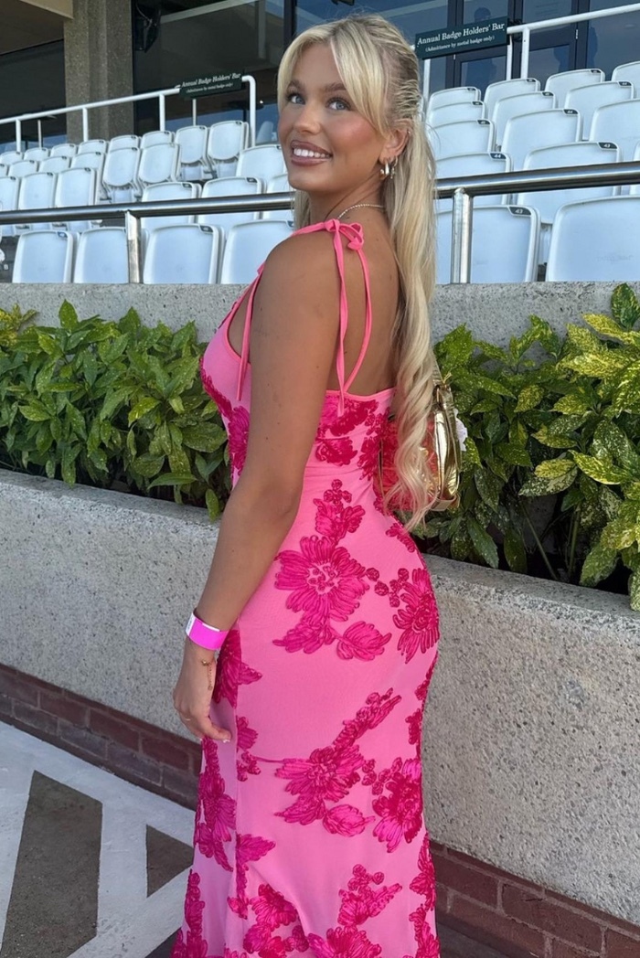 Pink Floral Spaghetti Strap Bodycon Maxi Dress
