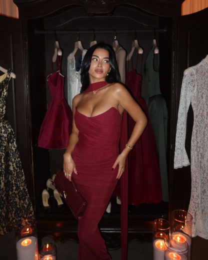Burgundy Strapless Bodycon Long Elegant Maxi Dress