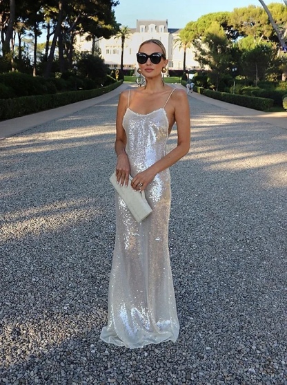 Silver Sequin Glitter Bodycon Maxi Dress