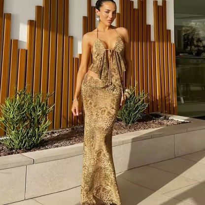 Leopard Print Summer Vacation Crop Top & Maxi Skirt Set