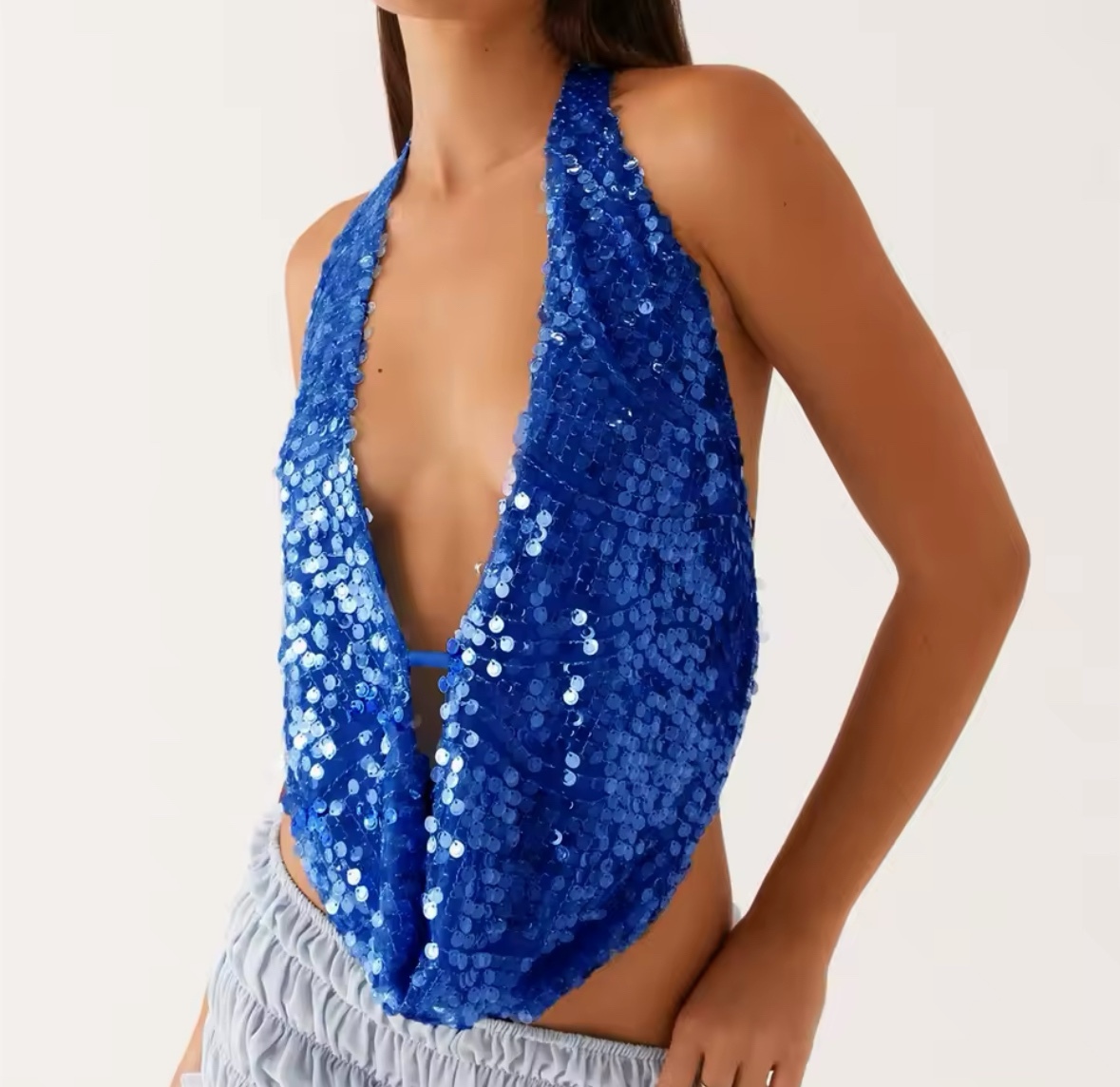 Scoop Neck Halter Sequin Summer Crop Top