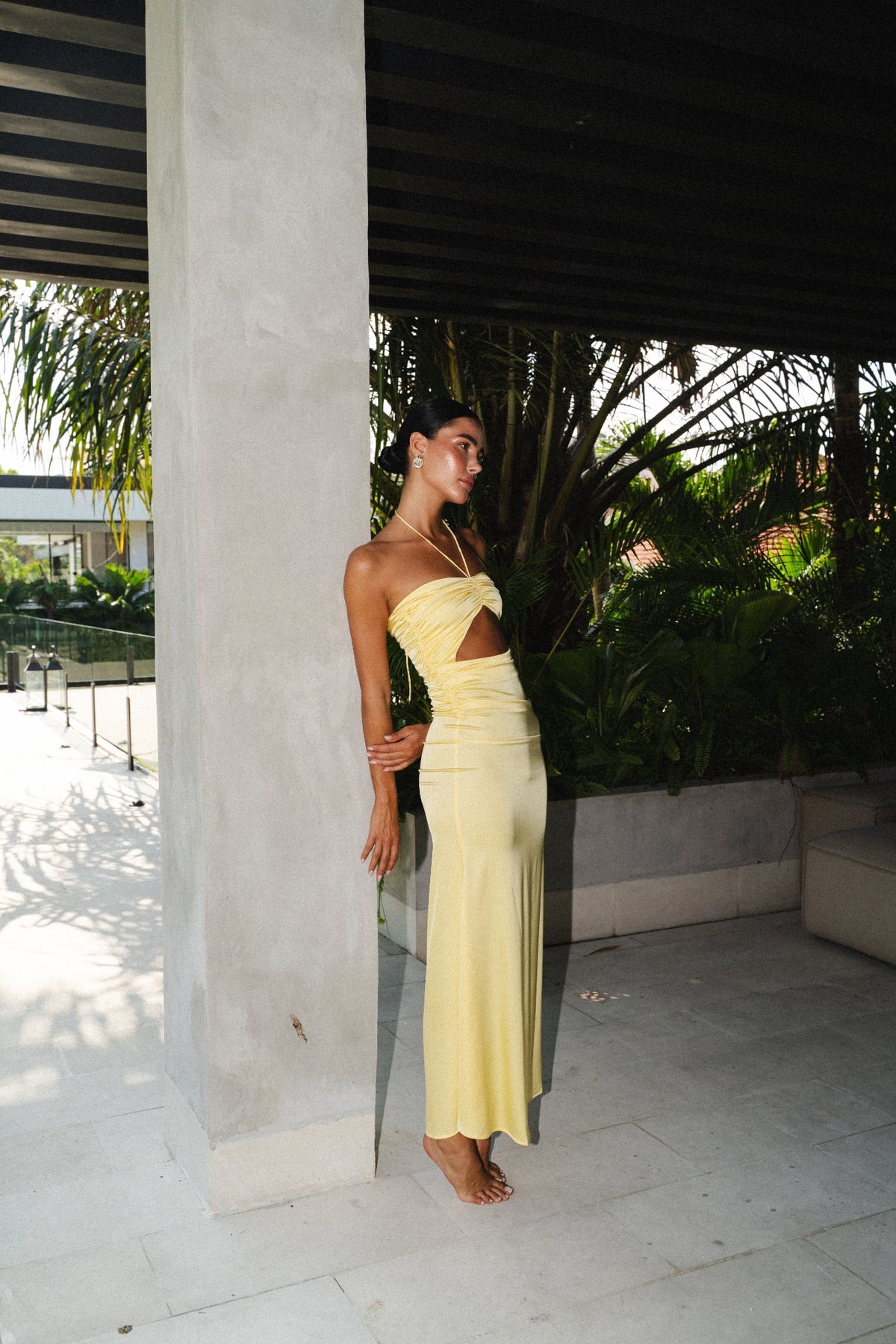 Yellow Silk Halter Cut Out Occasion Formal Maxi Dress