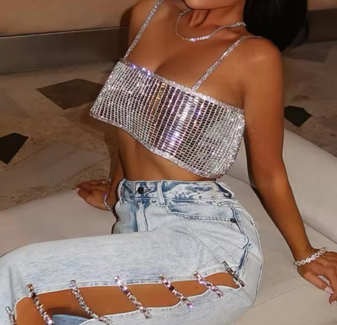 Sleeveless Diamond Rhinestone Crop Top