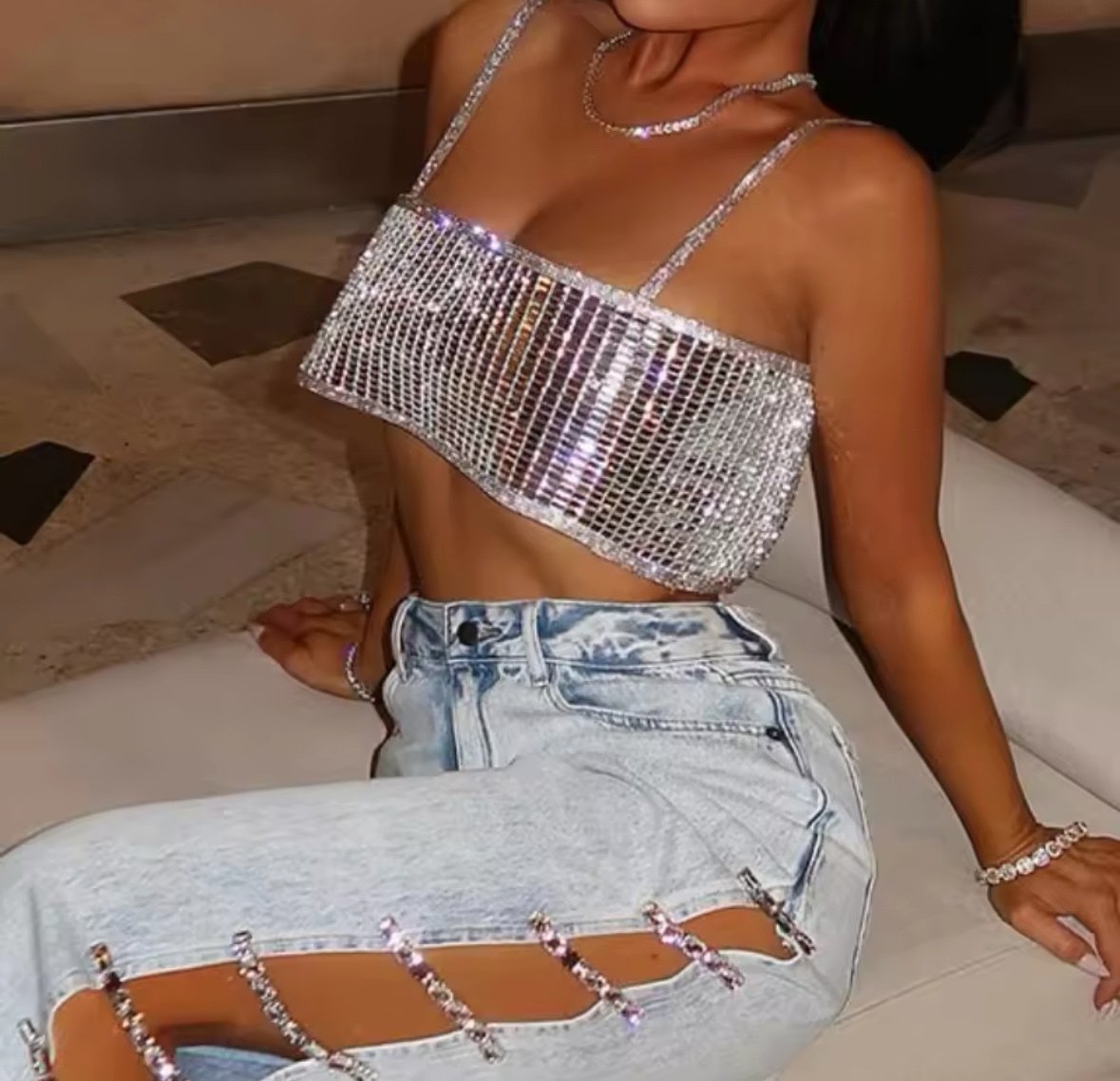 Sleeveless Diamond Rhinestone Crop Top