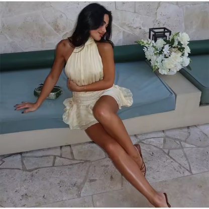 Beige Silk Halter Backless Mini Dress