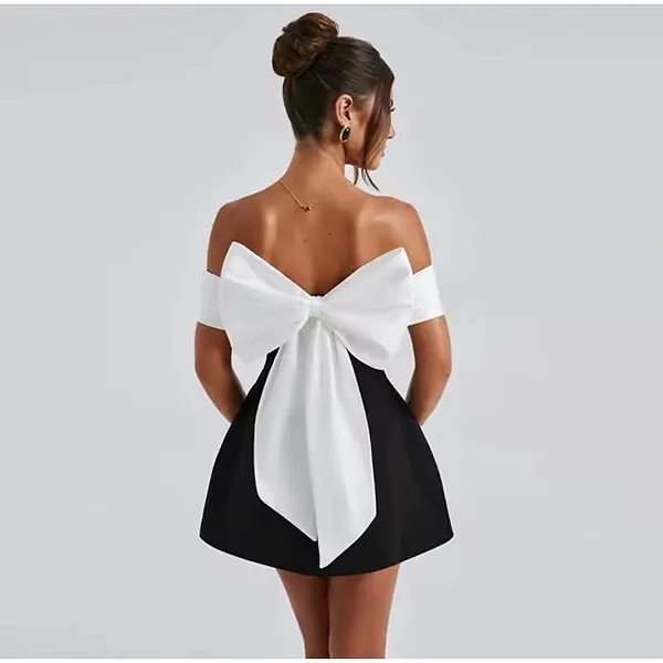 White Bow Black Mini Dress