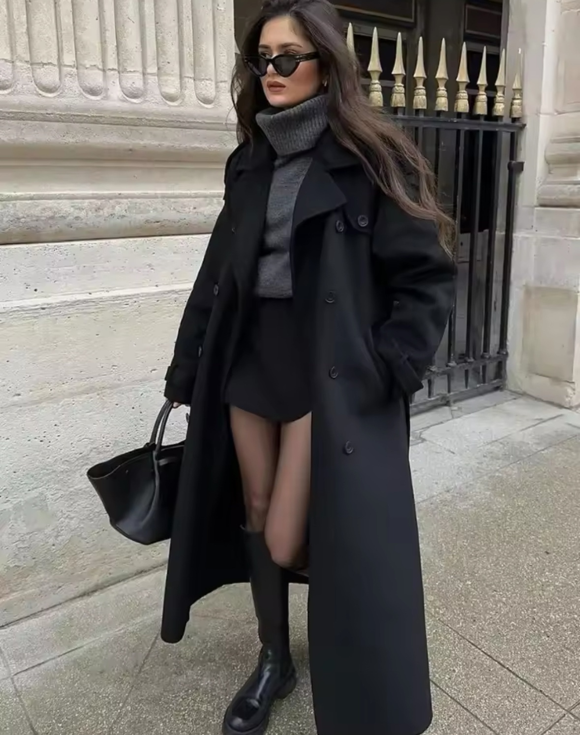Black Long Sleeve Turn Collar Ankle Length Coat