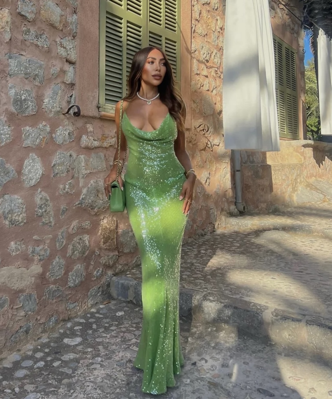 Green Scoop Neck Glitter Sequin Maxi Dress