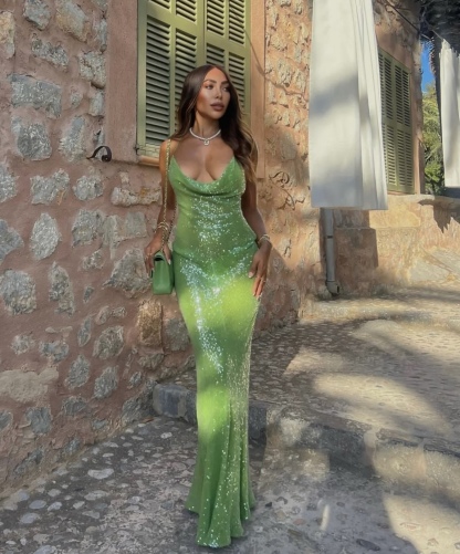 Green Scoop Neck Glitter Sequin Maxi Dress