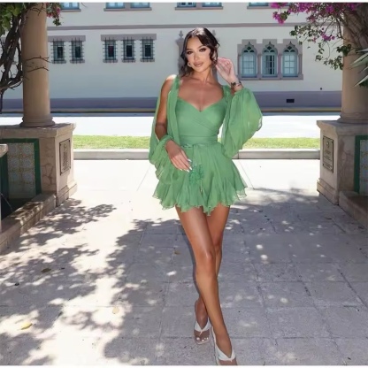 Long Sleeve A Line Green Vacation Holiday Mini Dress