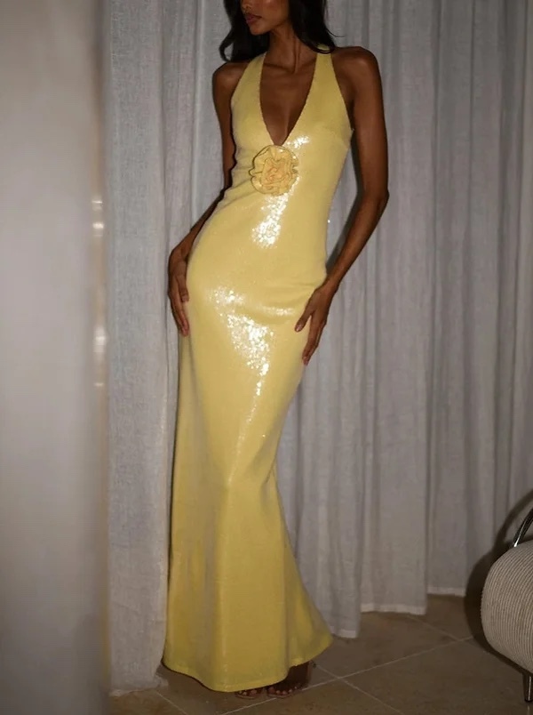 Yellow Sequin Floral V Neck Bodycon Maxi Dress