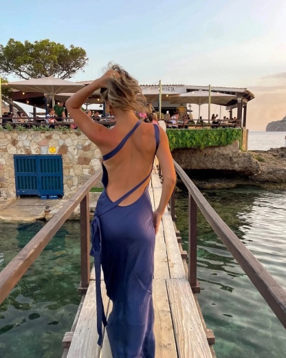 Open Satin Silk Back One Shoulder Backless Maxi Dress