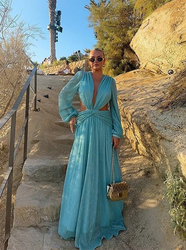 Glitter V Neck Long Sleeve Holiday Maxi Dress