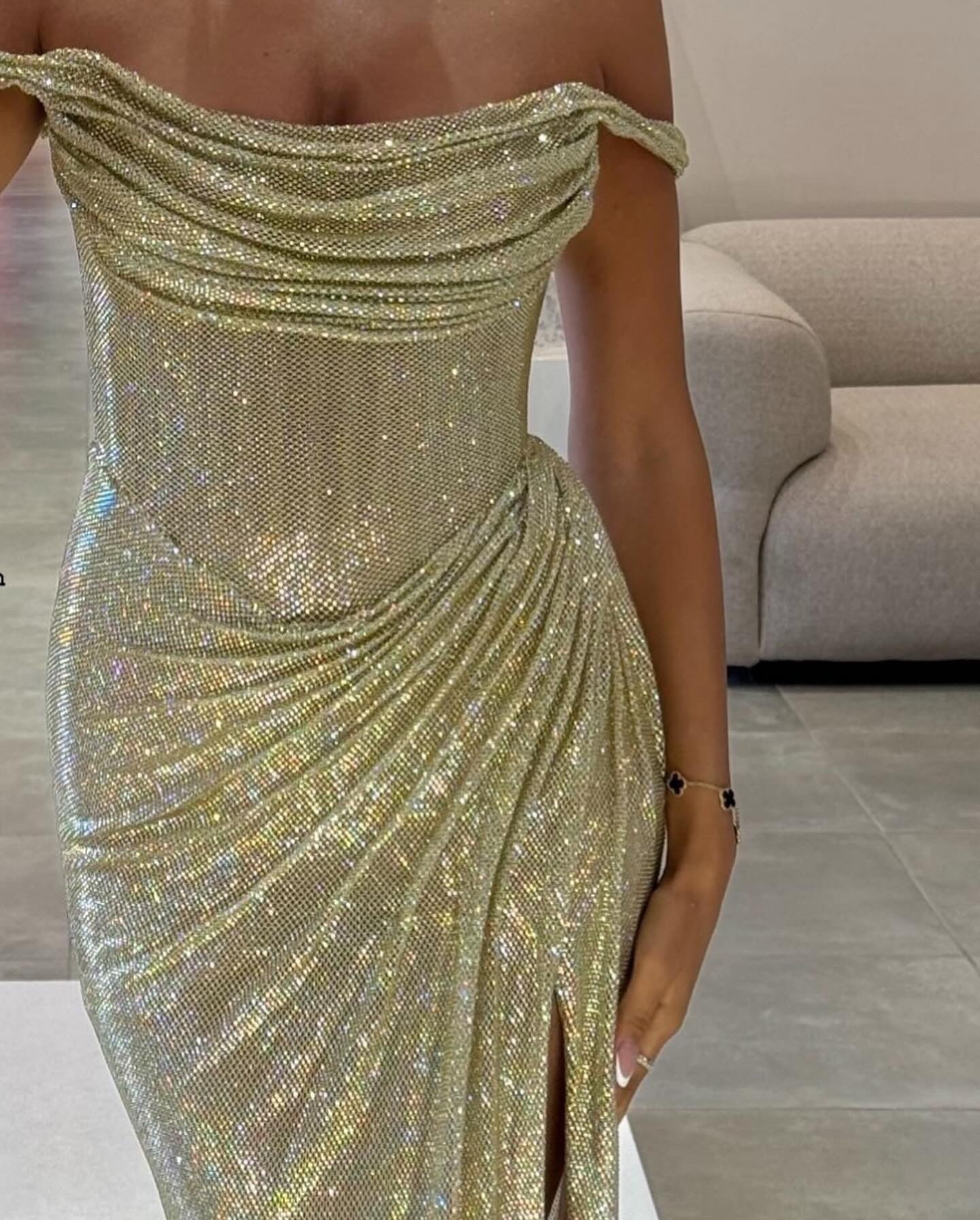 Gold Sparkly Glitter Sequin Off Shoulder Occasion Dress