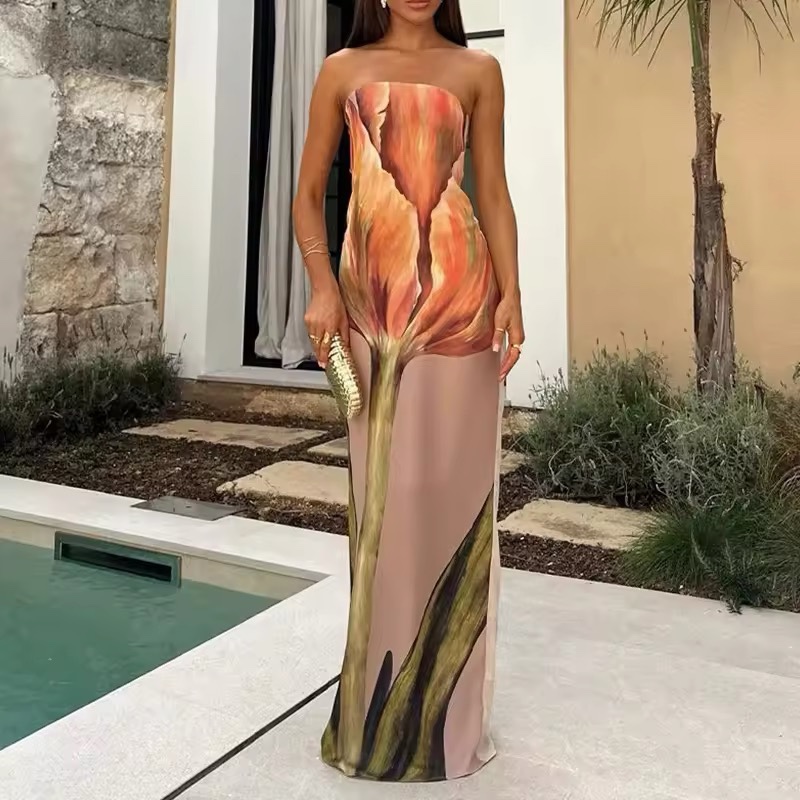 Strapless Printed Vacation Holiday Maxi Dress