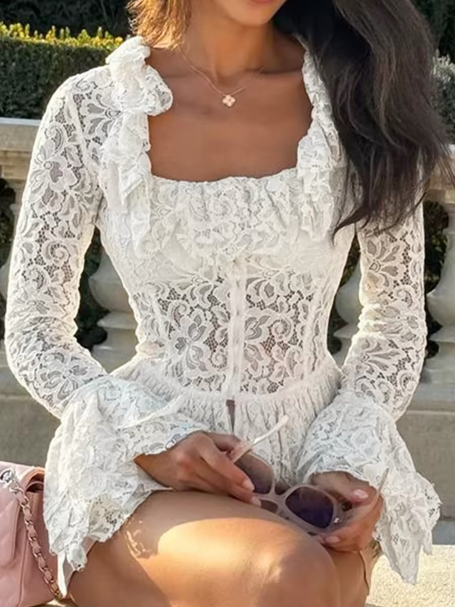 White Lace Long Sleeve Square Neck Top
