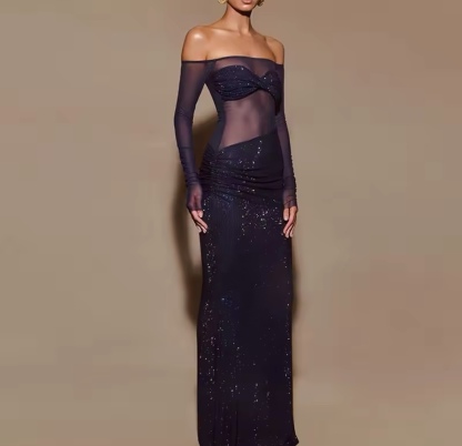 Mesh Glitter Long Sleeve Bodycon Maxi Dress