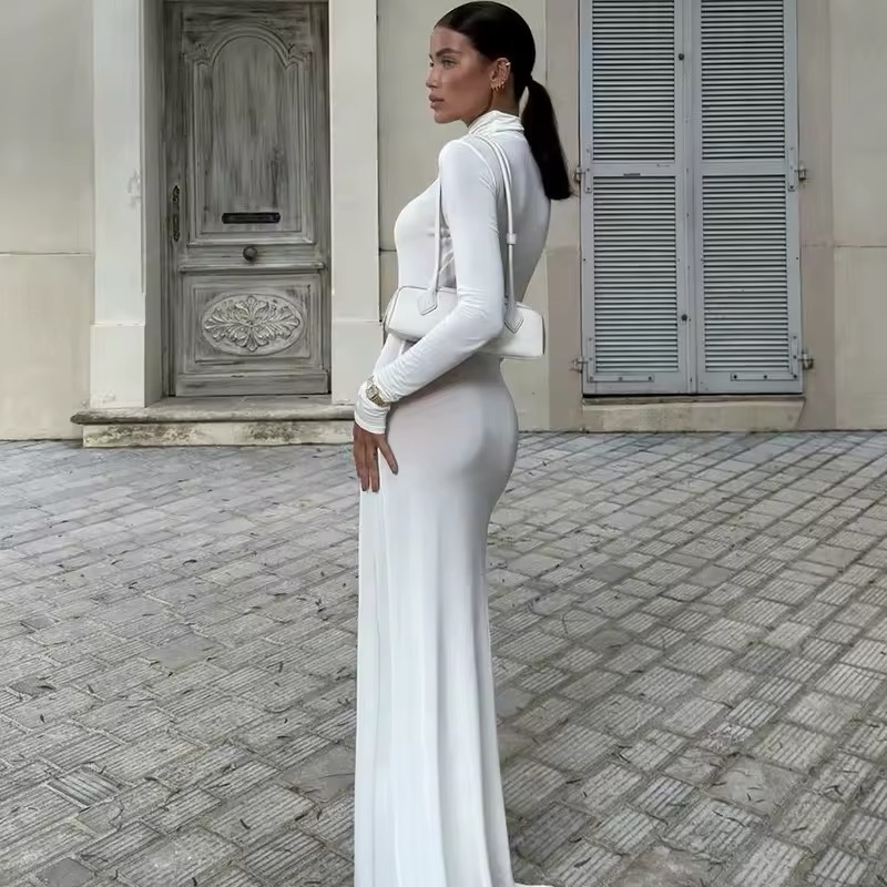 White Turtleneck Long Sleeve Bodycon Maxi Dress