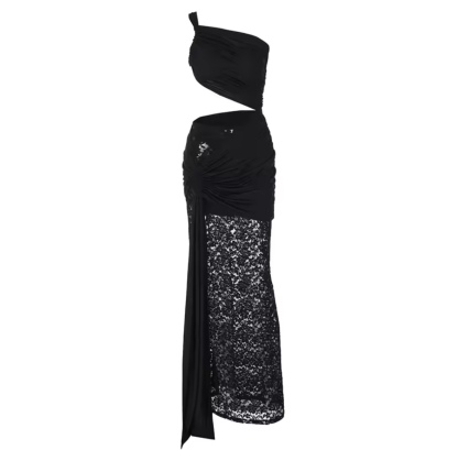 One Shoulder Mesh Lace Bodycon Maxi Dress