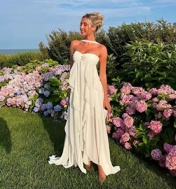 Elegant Ruffle Layered Strapless Maxi Dress