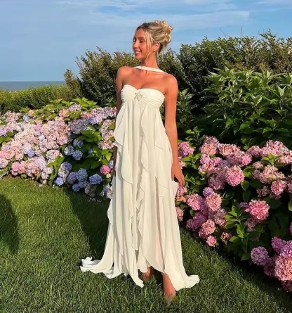 Elegant Ruffle Layered Strapless Maxi Dress