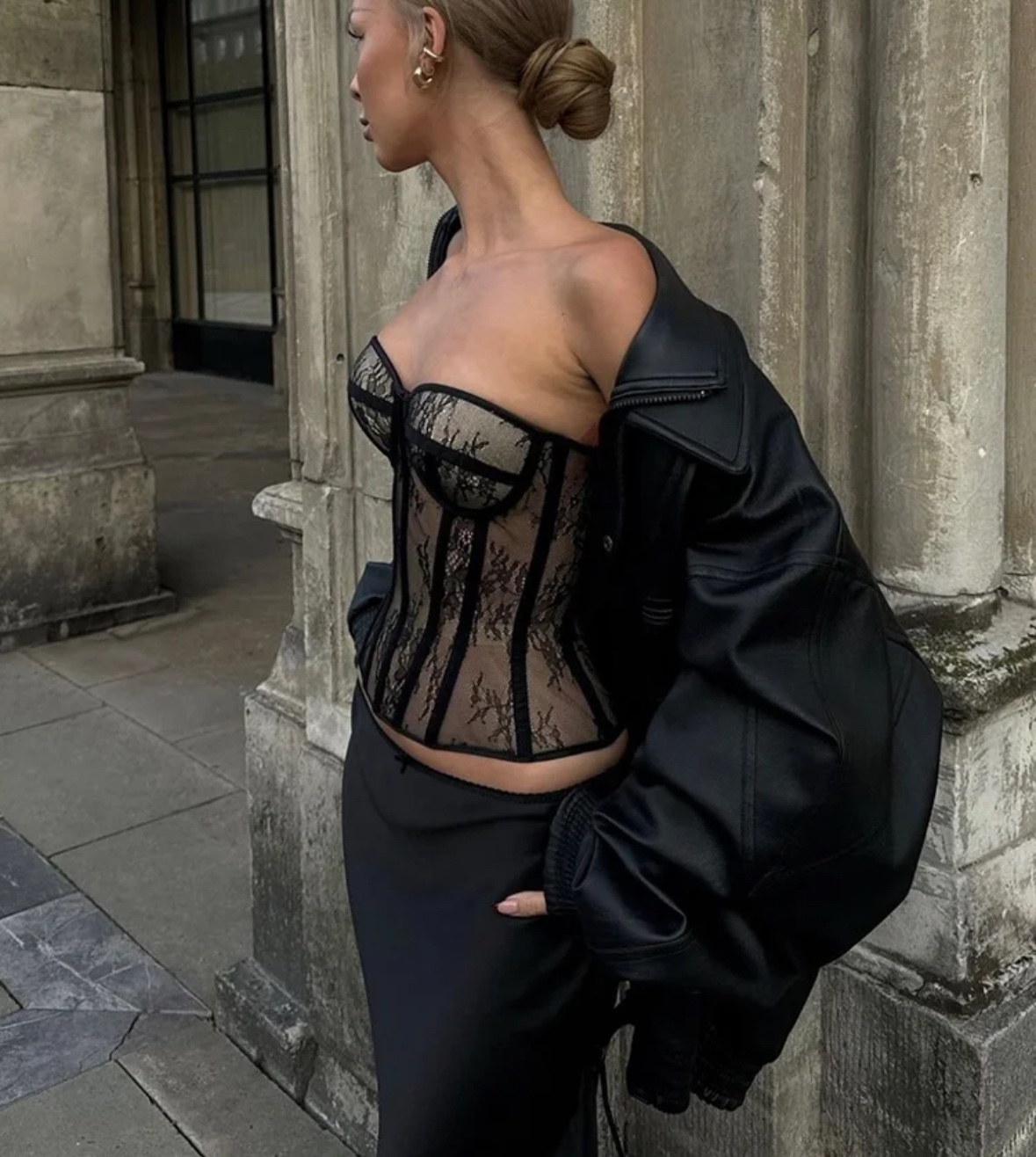 Black Patchwork Lace Corset Style Crop Top