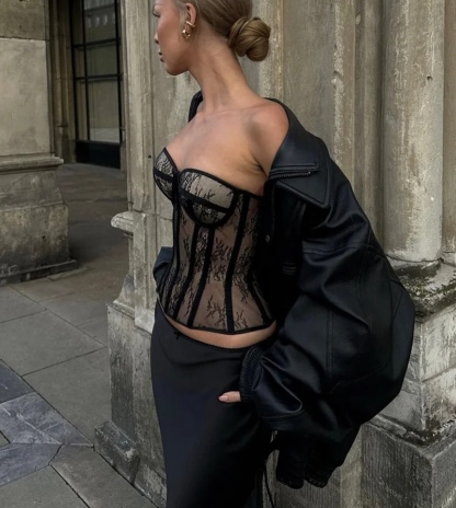 Black Patchwork Lace Corset Style Crop Top