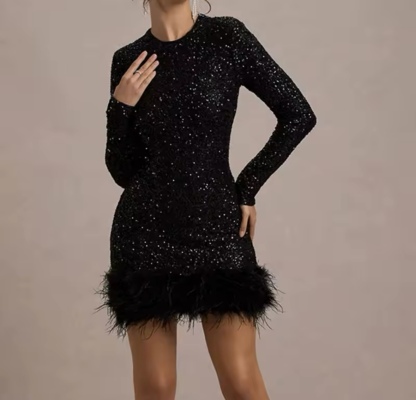 Feather Hem Long Sleeve Mini Party Sequin Dress