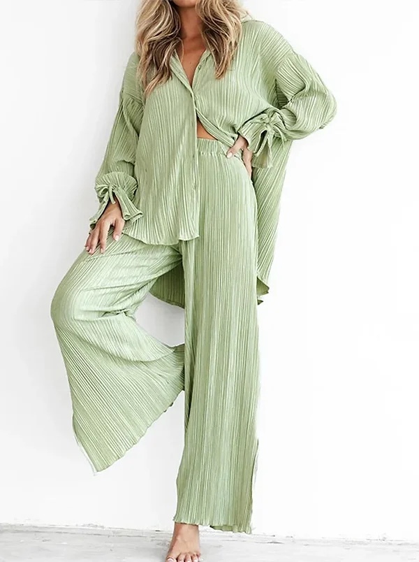 Pleated 2 Piece Set Long Sleeve Top & Wide Leg Pant