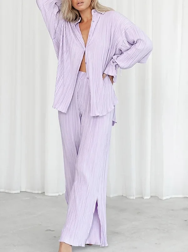 Pleated 2 Piece Set Long Sleeve Top & Wide Leg Pant