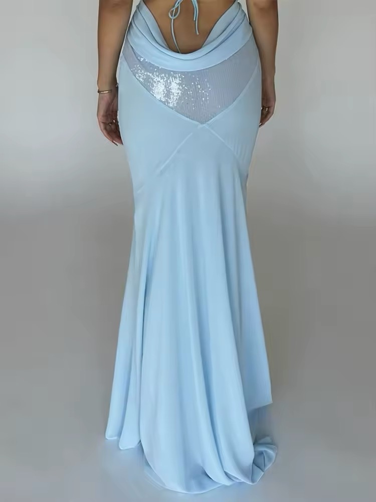 Spaghetti Strap Bodycon Sequin Mesh Maxi Dress