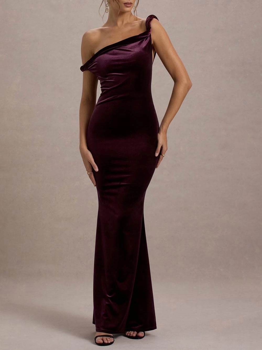 One Shoulder Velvet Bodycon Maxi Dress