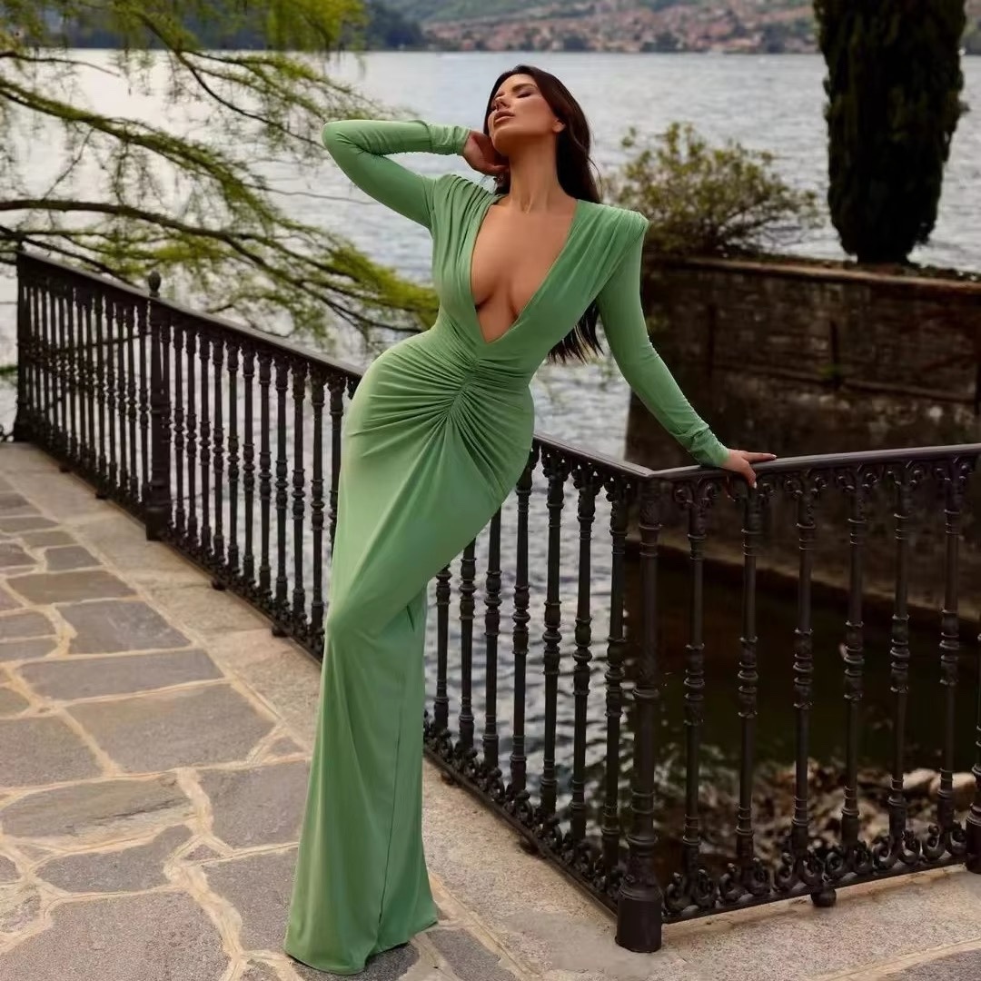 Deep V Neck Long Sleeve Elegant Bodycon Maxi Dress