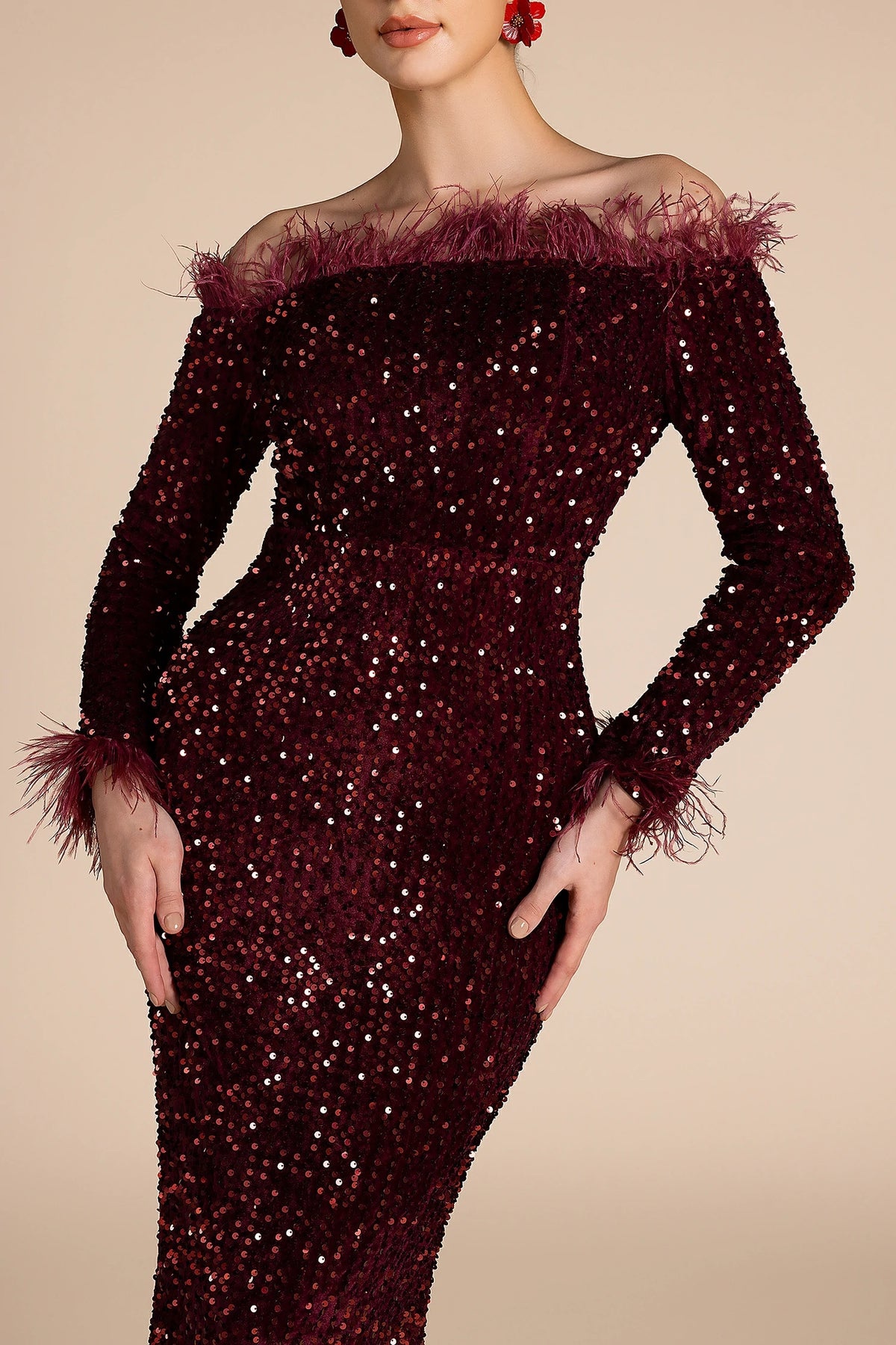 Burgundy Sequin Glitter Feathered Maxi Dress