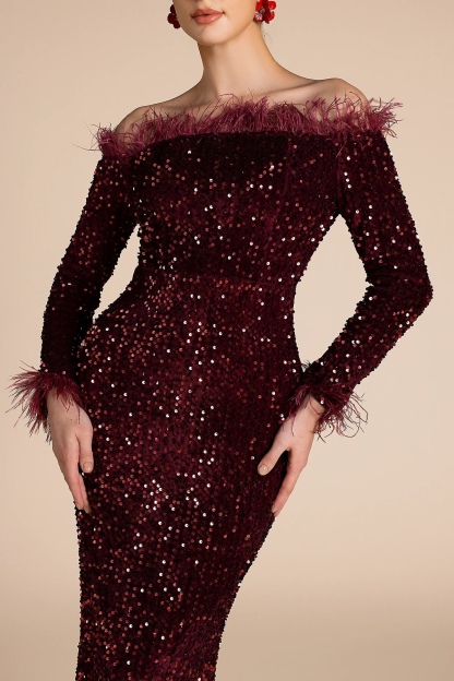 Burgundy Sequin Glitter Feathered Maxi Dress