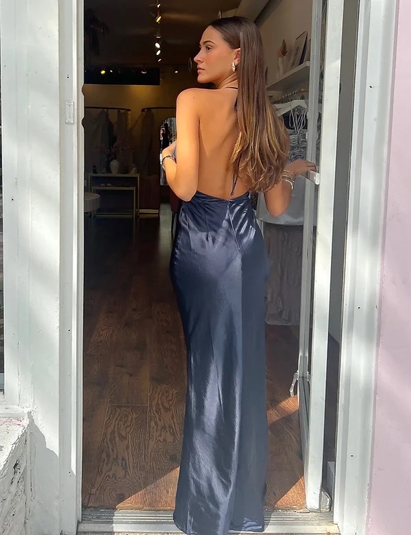 Deep Scoop Neck Dark Blue Maxi Dress