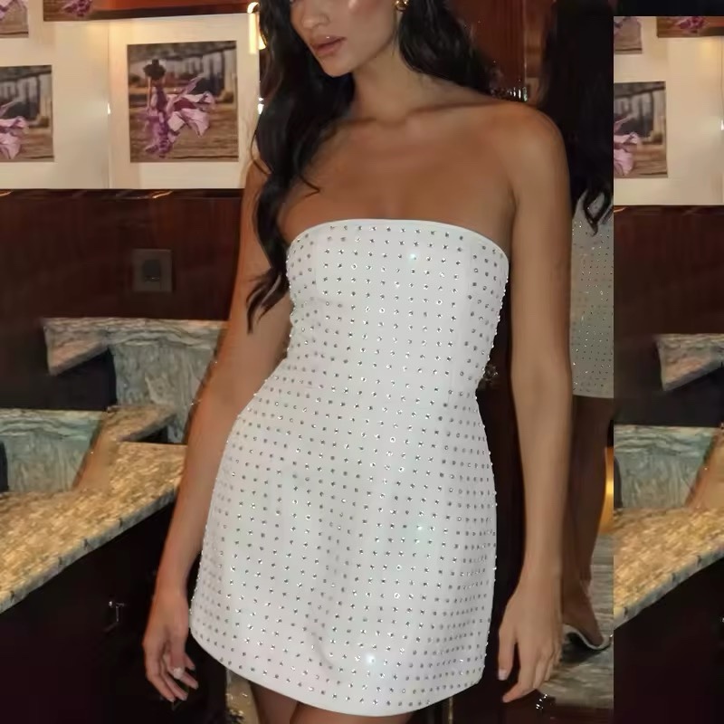 White Rhinestone Strapless Sequin Mini Dress