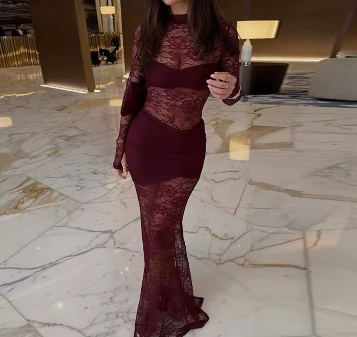 Lace Mesh Bodycon Maxi Dress Long Sleeve