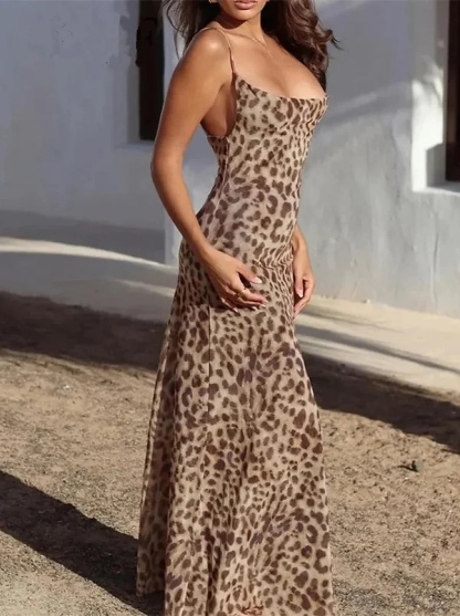 Backless Leopard Print Square Neck Maxi Dress