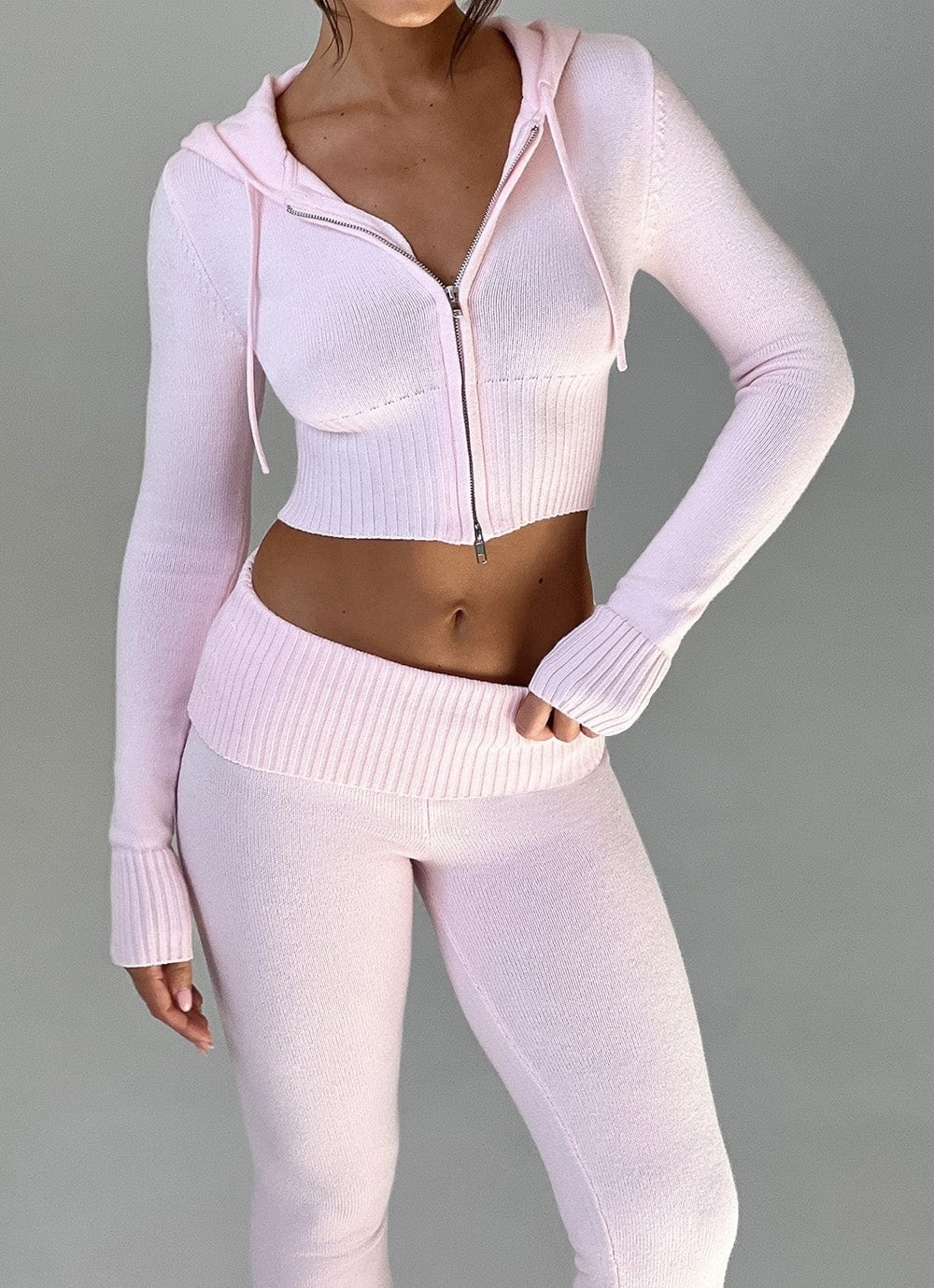 Pink Knitted Hooded Jacket and Trousers Set