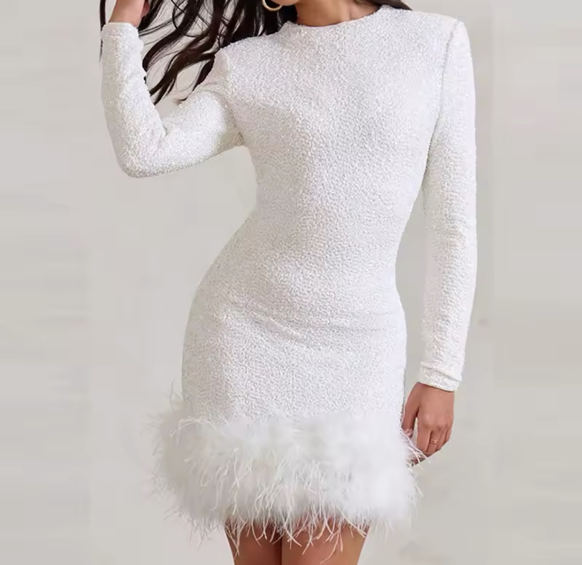 Feather Hem Long Sleeve Mini Party Sequin Dress