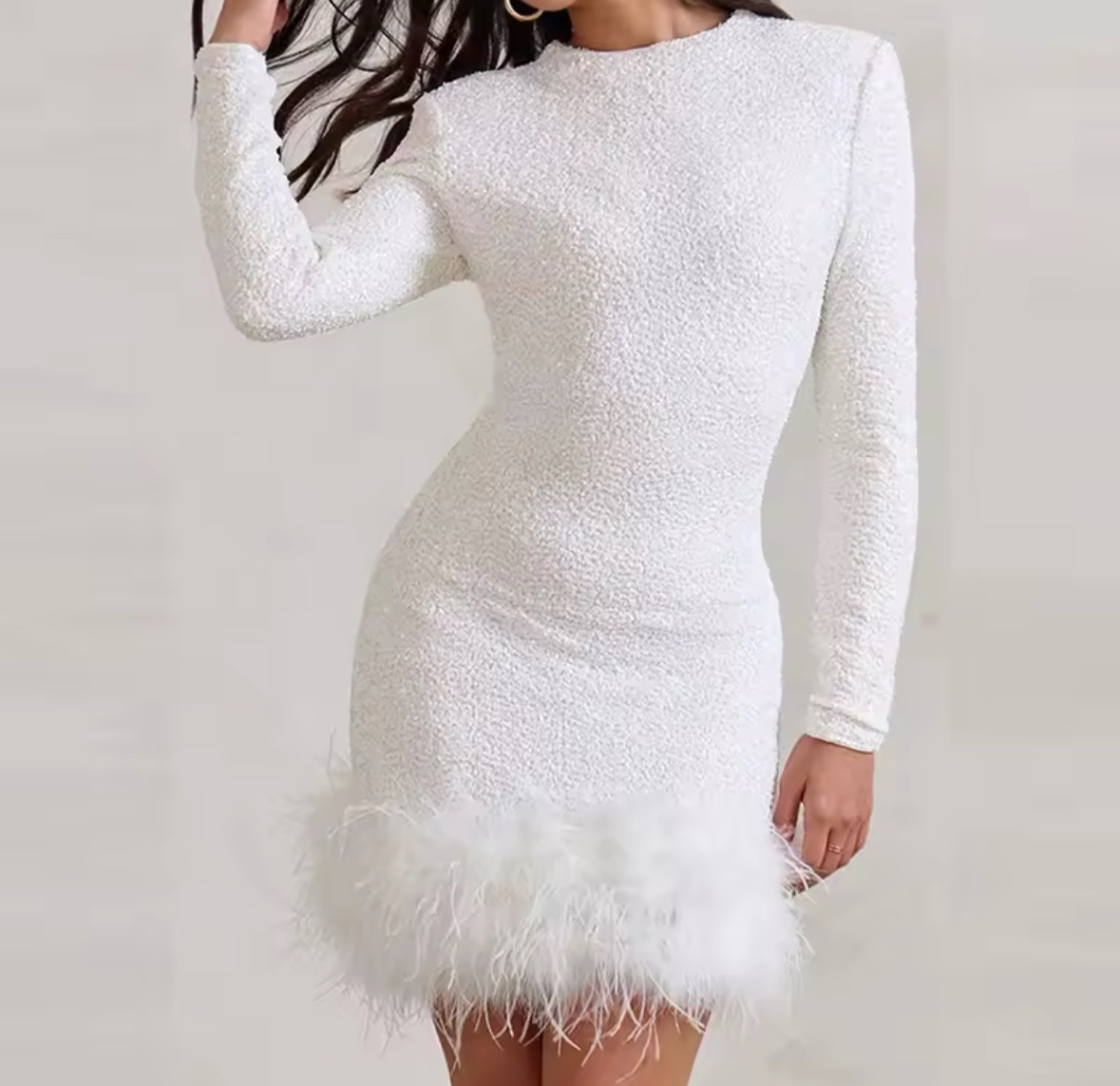 Feather Hem Long Sleeve Mini Party Sequin Dress
