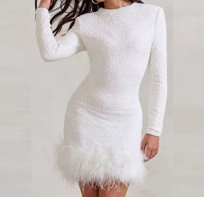 Feather Hem Long Sleeve Mini Party Sequin Dress