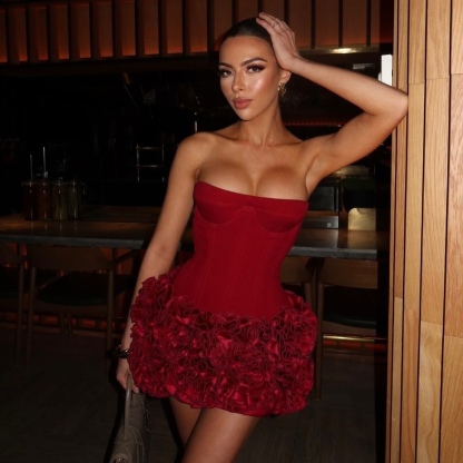 Red Flower Detail Strapless Corset Style Mini Dress