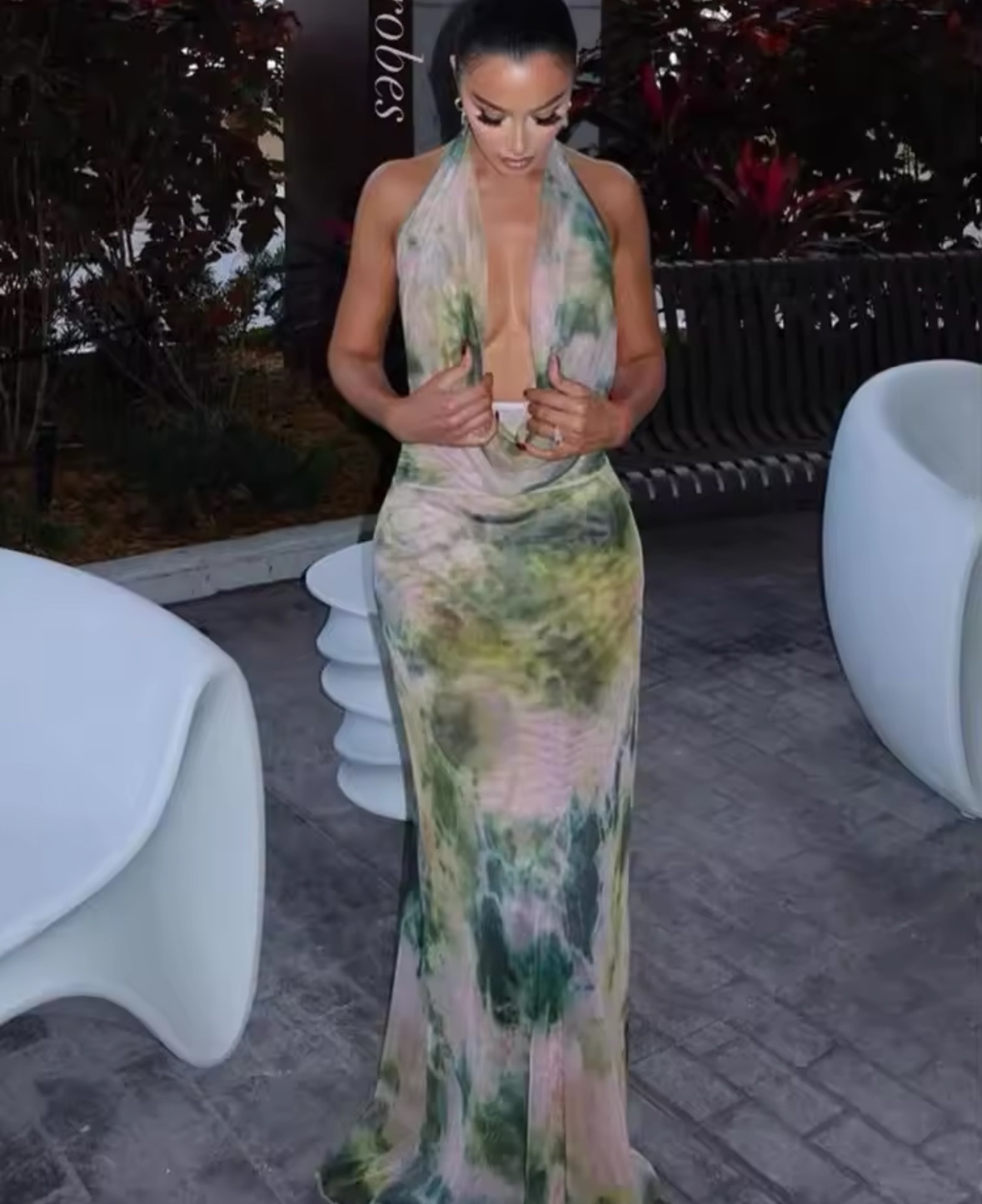 Printed Halter Neck Scoop Summer Vacation Maxi Dress