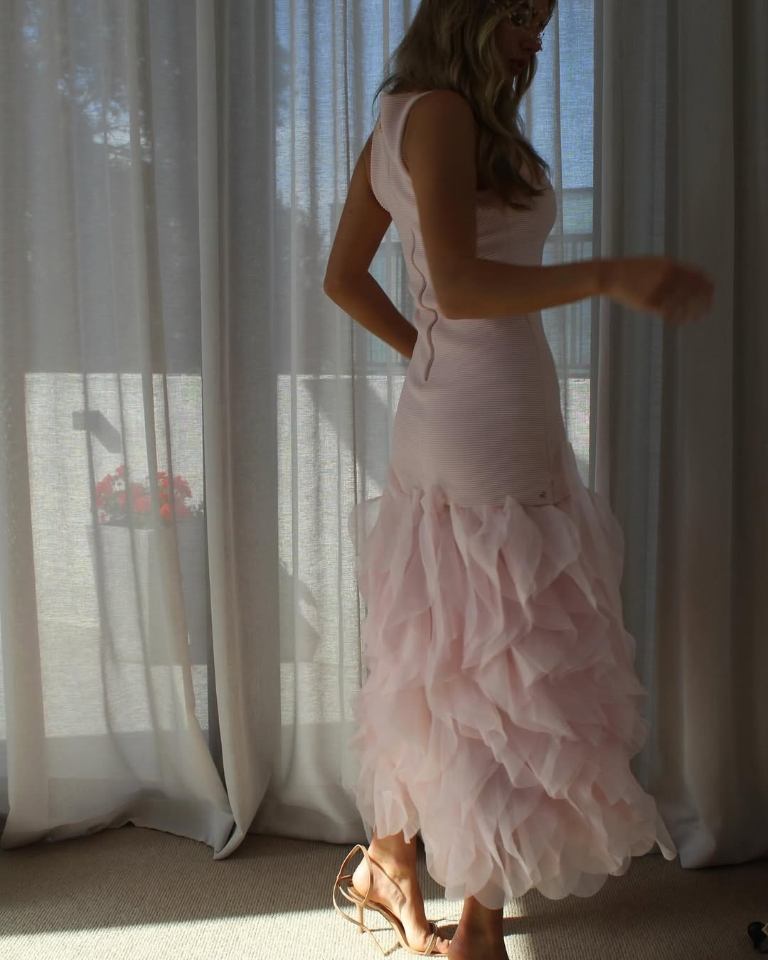 Pink Ruffle Hem Sleeveless Bodycon Maxi Dress