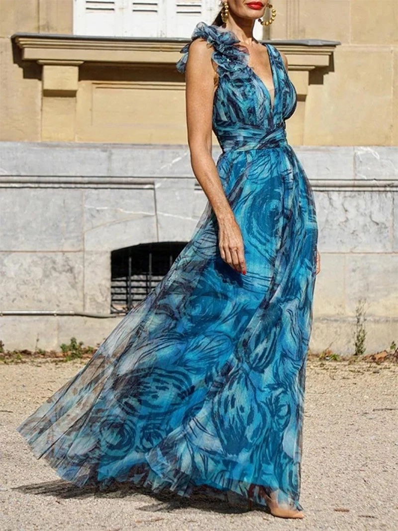 Printed V Neck Sleeveless Vacation Summer Maxi Dress
