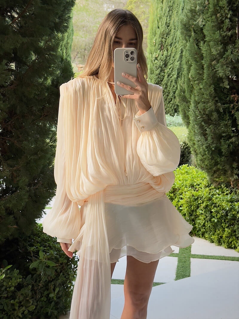 Long Sleeve Lace Tie Up Satin Silk Elegant Mini Dress