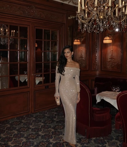 Off Shoulder Strapless Glitter Sequin Bodycon Maxi Dress